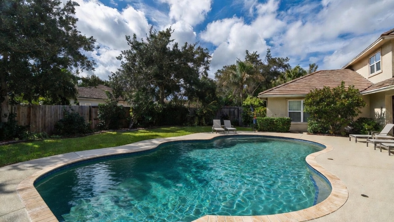 Crystal clear swimming pool with robotic cleaner in Jacksonville, Florida backyard